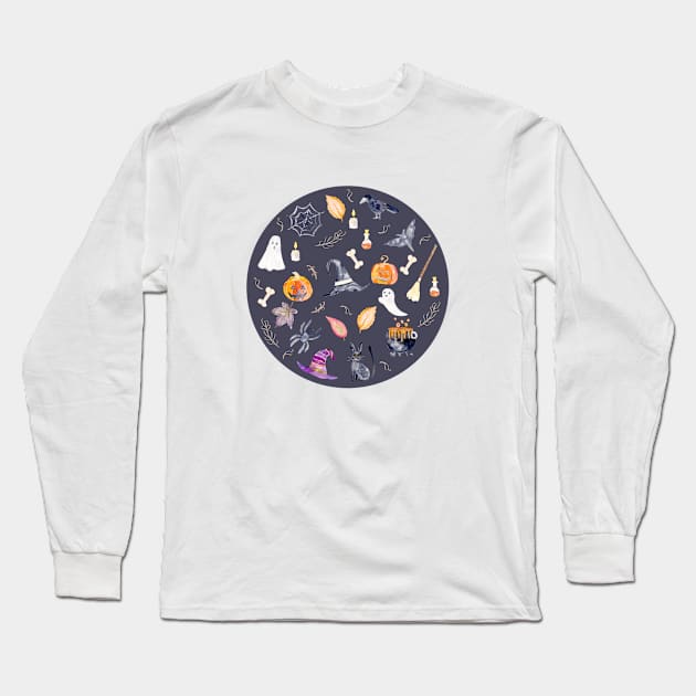 Halloween Watercolor Navy Long Sleeve T-Shirt by Harpleydesign